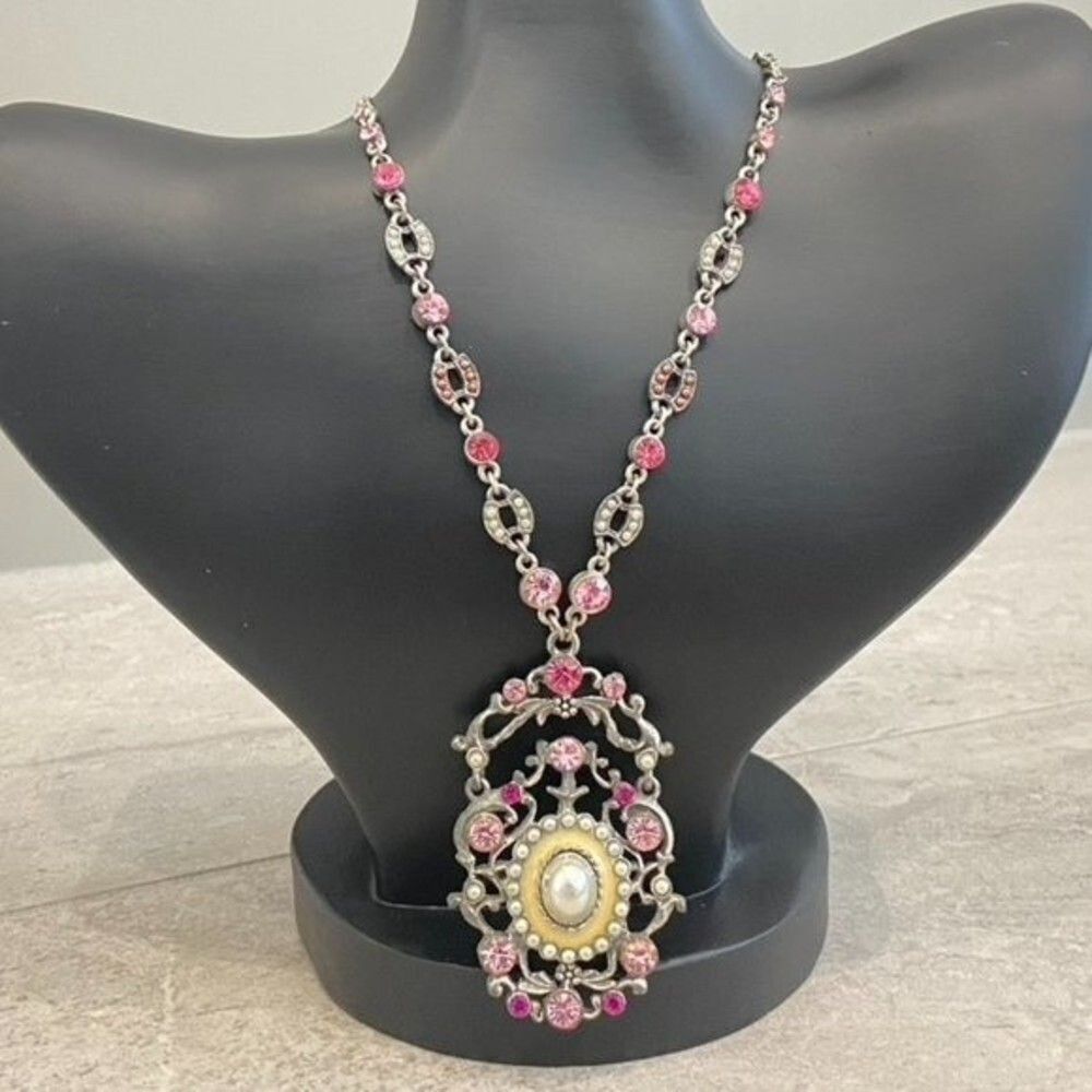 Pink Rhinestone faux Pearl Necklace Earrings Vintage Antique Medallion Statement
